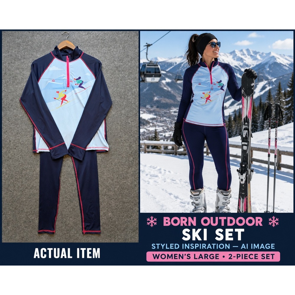 Born Outdoor Base Layer Set Womens L Navy Blue New Ski Print Zip Neck‎ Leggings